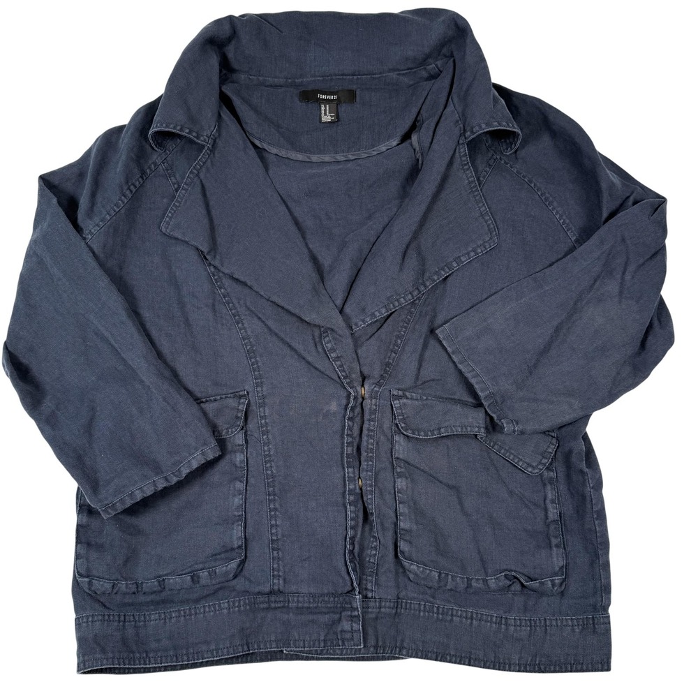 Forever 21 Jacket M 100% Linen Utility Pockets Zip Snap Oversized Lagenlook